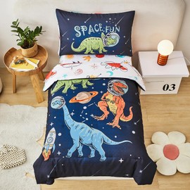 URBONUR 4 PCS Toddler Bedding Set for Boys Cartoon Galaxy Space Dinosaur Printed Toddler Comforter Set with Sheets Sets Ultra Soft Bed in a Bag 2-6 Year Old Kids Bedding Set