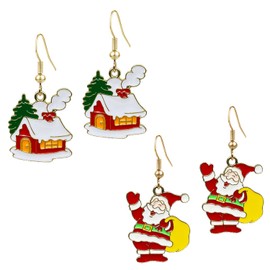 QUPENGXU 2 Pairs Christmas Alloy Earrings Christmas House Christmas Candle Wreath Or Snowflake For Women (Snowhouse)