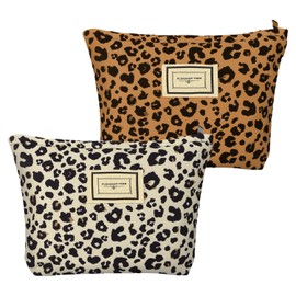 2PCS Make Up Bag, Large Leopard Print Travel Makeup Bag, Portable and Multifunctional Canvas Cosmetic Bags with Metal Zipper, Travel Essentials Large Make Up Bags for Toiletry and Daily Use