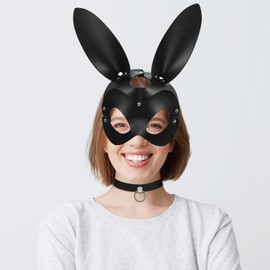Oidea Leather Masquerade Masks: Black Choker Necklace Masquerade Mask Set for Women Bunny Ears Half Face Mask Adults Cosplay Easter Costume Party Props Accessory