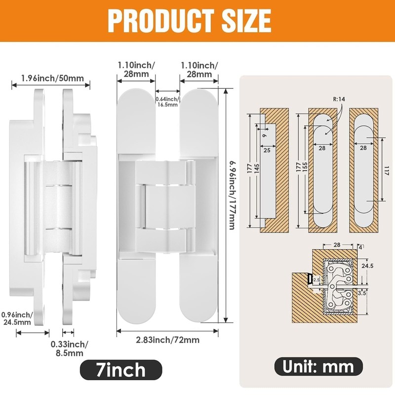 Lipshome 7" Hidden Door Hinge/Invisible Door Silent 180 Degree Swing