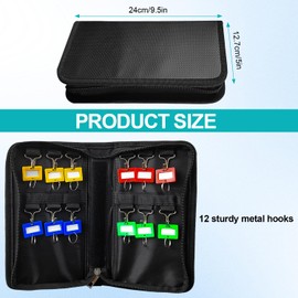 JIjzedL Portable Key Bag, Key Organiser with Zip, Fireproof Key Case with 12 Colourful Keyrings and 12 Hooks, Key Organiser for Offices, Hotels, black