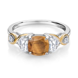 Gem Stone King 925 Silver and 10K Yellow Gold 3-Stone Ring Cushion Tiger Eye Half Moon Moissanite (1.66 Carat Cttw) (Size 9)