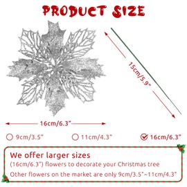 Tuocal 10 Pieces Glitter Poinsettia Christmas Decorations, 6.3“ Large Artificial Poinsettia Flowers Christmas Tree Ornaments for Xmas Tree Wedding New Year Xmas Garland Wreath Home Party Decor, Silver