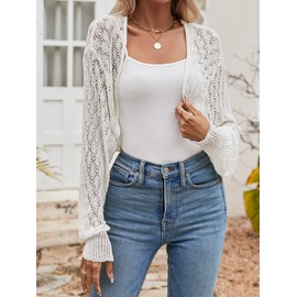 Famulily Ladies Casual Open Front Crop Cardigans Soft Hollow Out Loose Summer Sunproof Tops Cardigans Cover Ups White L