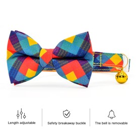 Bright Plaid Cat Bowtie with Collar, Breakaway Safety Kitten Collar, Cat Outfit Accessories, XS (8" - 13")