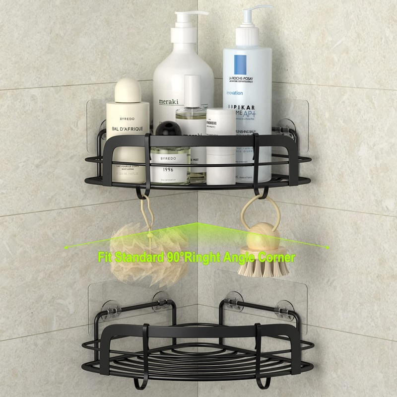 STEUGO Black Bathroom Corner Shower Shelfs, Adhesive Wall Mounted Shower