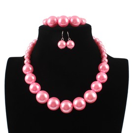 KOSMOS-LI Women's Large Big Simulated Pink Pearl Statement 19" Necklace Bracelet and Earrings Jewelry Set