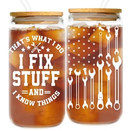 Mechanic Gifts for Fathers - 16oz I Fix Stuff Glass Coffee Cup - Birthday Gift for Dad Grandpa Husband - Graduation Tumbler for Engineers Coworker Boss