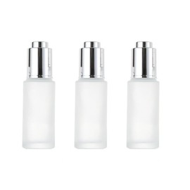 3PCS 30 ML/1 OZ Empty Frosted Glass Dropper Bottle Refillable Essential Oil Aromatherapy Container with Pressure Pump Tip Glass Eye Dropper Cosmetic Bottle Travel Pressing Dropper Bottle(silver)