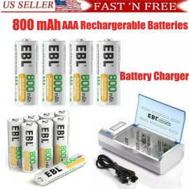 EBL Lot AAA Batteries Rechargeable 800mAh NI-MH 1.2V+ LCD Battery Charger - 5x 800mAh AAA batteries+Charger