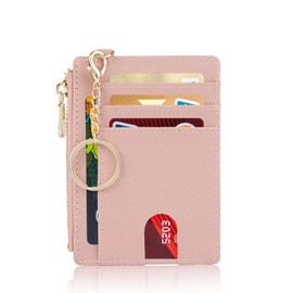 Suweibuke Slim Pocket Wallet, RFID Blocking Credit Card Holder Wallet with D-Shackle ID Window and Detachable keychain for Women (A-Coral Pink)