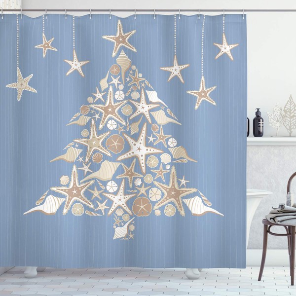 Ambesonne Christmas Shower Curtain, Nautical Elements Sea Life Theme with Noel Tree Winter Season, Cloth Fabric Bathroom Decor Set with Hooks, 69" W x 70" L, Beige Cream
