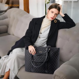 LOVEVOOK Laptop Bag for Women with Cup Holder，Waterproof Work Tote Fits for 17.3 Inch Computer,Quilted Laptop Tote Bag Features a Luggage Sleeve for Easy Carrying.Professional Laptop Purse in Black