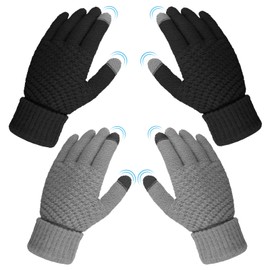 2 Pairs Women's Winter Warm Touchscreen Gloves, Thermal Knit Soft Fleece Lined Gloves Winter Texting Gloves Elastic Cuff Anti-Slip Gloves (Black, Grey)