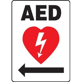 Accuform MFSD418VS Adhesive Vinyl Safety Sign, Legend "AED (Arrow Left)" with Graphic, 14" Length x 10" Width x 0.004" Thickness, Red/Black on White