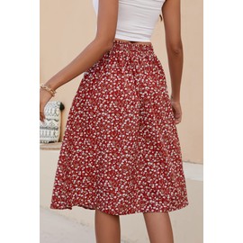 Naggoo Womens Daisy Print Skirt A-Line High Waist Casual Midi Skirts Red Floral XL