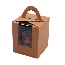 ihomecooker 25 Pcs Single White Cupcakes Containers Gift Boxes with Window Inserts Handle for Wedding Candy Boxes (25P-Handle-Brown)