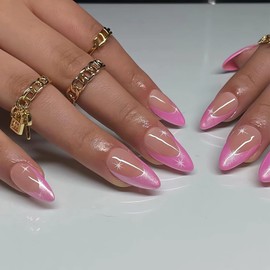 IMSOHOT Almond Press on Nails Medium French Tips Fake Nails Pink Pearl Stiletto False Nails with Designs Full Cover Glossy Glue on Nails Aurora Star Acrylic Nails 24Pcs