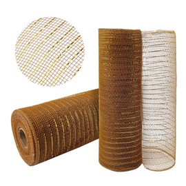 GouZaak 2 Rolls Deco Mesh Ribbon,Chocolate Brown with Gold Foil,Metallic Poly Mesh Ribbon Rolls for DIY Christmas Wreath Trees Supplies Wrapping Craft 10 in x 30 ft