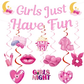 Slumber Party Girls Sleepover Supplies - 12 Pcs Pink Birthday Banner Hanging Swirls Sleepover For Women Girls Just Have Fun Spa Night Pamper Pajama Bachelorette Theme Birthday Party Decorations