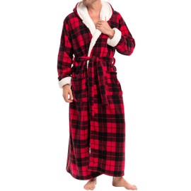 Alexander Del Rossa Men’s Long Hooded Sherpa Robe, Hooded Big and Tall Plush Fleece Hoodie Bathrobe Red Black Plaid with Cream Large (A0262Q42LG)