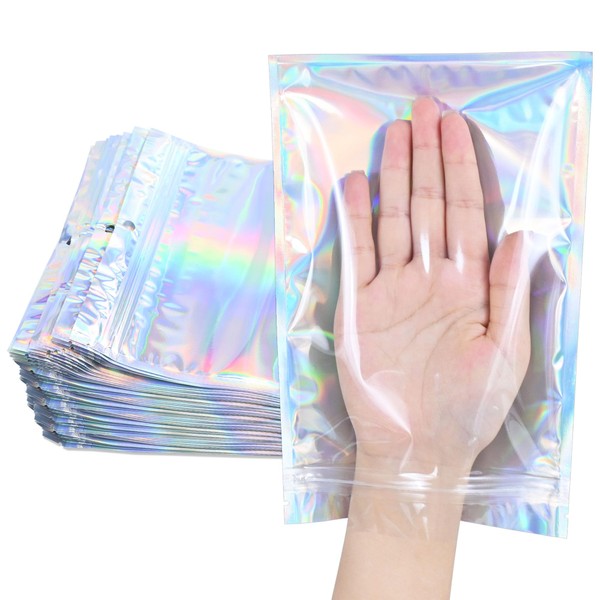 100 Pack Holographic Resealable Plastic Bags for Food Storage, Zipper
