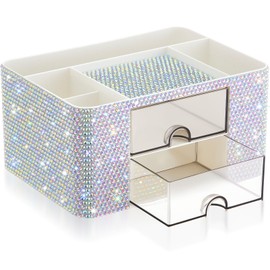MotiMind Silver Bling Desk Organizer with 2 Drawer, Room Decor Gift for Teen Girls Women Christmas Birthday Make up Organizer for Vanity Countertop Skincare Desktop Rhinestone Pen Holder