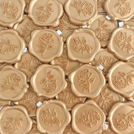 Pilloze Wax Seal Stickers - 3D Rose Wedding Invitation Envelope Botanical Seal Stickers, 50 Pcs Self- Adhesive Light Gold Stickers, Perfect for Invitation, Christmas, Gift Wrapping, Wedding, Party