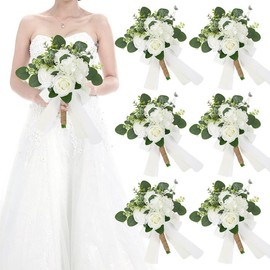 HOMENERGY Set of 6 Bridesmaid Bouquets for Wedding - Silk Artificial Ivory Bridesmaid Flowers, Pre-Made Roses Sage Green Boho Bridal Floral for Bride Party Ceremony Anniversary Decoration - 9inch
