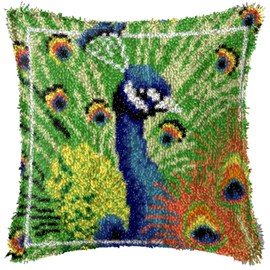 LAPATAIN Latch Hook Kits for DIY Throw Pillow Cover,Needlework Cushion Cover Hand Craft Crochet for Great Family 17X17inch Peacock