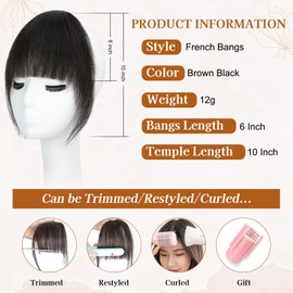 Lommel Clip in Bangs-100% Human Hair Bangs, Fake Bangs for Women Bangs Hair Clip Hair Extensions Clip on Air Bangs Hairpieces with Temples for Daily Wear(Brown Black)