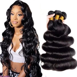 Brazilian Body Wave Bundles Human Hair 1B Natural Black Human Hair Bundles 26 28 30 Inch Silky Soft Unprocessed Remy Hair Extensions Quick Weave Bundle For Women