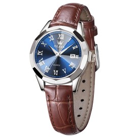 OLEVS Wristwatch, Waterproof, Women's, Fashion, Fashion, Simple, Women's, Crystal, Arabic/Roman Dial, Leather Strap, Easy to Read Watch, Cute Watch, Blue Brown Leather 9990, Classic, Business