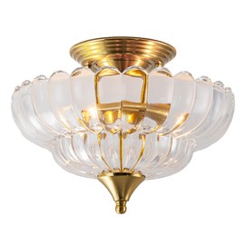 FTL Gold Semi Flush Mount Ceiling Light, Vintage Scalloped Transparent Glass Chandelier, 2-Light Close to Ceiling Light Fixture for Bedroom Kitchen Foyer Entryway Hallway