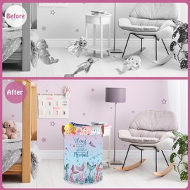 Mermaid Room Decor Kids Laundry Basket,Pink Ocean Baby Girls Laundry Hamper, Under The Sea Kids Clothes Hamper Storage Box, Cute Beach Towel Pool Toy Bin (Mermaid)