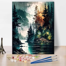 TISHIRON Paint by Numbers for Adults, Forest Lake Painting by Numbers for Adults, Abstract Forest Adult Paint by Number, Watercolors Style Paint by Number Kits, DIY Painting Crafts, 16 x20 Inch