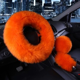 Younglingn Car Steering Wheel Cover Gear Shift Handbrake Fuzzy Cover 1 Set 3 Pcs Multi-Colored with Winter Warm Pure Wool Fashion for Girl Women Ladies Universal Fit Most Car（Orange）