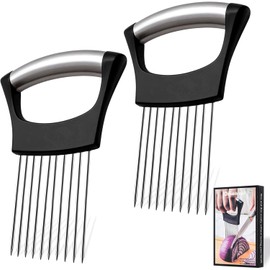 Demarsen 2 Pieces Onion Cutter Holder Stainless Steel Onion Holder for Cutting Black Improved Vegetable Cutting Aid Tool Cutting Aid for Meat Onions Potatoes Tomatoes