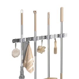 Broom Holder Wall Mount Organizer, Mop and Broom Holder Wall Mount Garage Wall Organizer, Stainless Steel Heavy Duty Garden Tool Organizer Storage Rack for Home Kitchen Garden Laundry, 4 Racks 4 Hooks