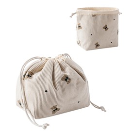RSRSLEII Aesthetic Corduroy Drawstring Makeup Bag, Cute Coquette Drawstring Cosmetic Bag with Canvas Lining, Bear Pattern Travel Makeup Organizer Case for Women Girls (04 Light Taupe)
