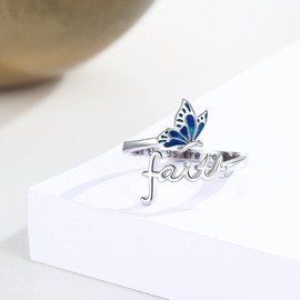 MOPOPOK Butterfly Ring Faith Ring for Women925 Sterling Silver Butterfly Open Rings Adjustable Christian Inspirational Jewelry Gifts for Birthday Christmas #6, Sterling Silver, No Gemstone