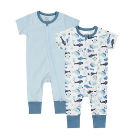 Teach Leanbh Baby Boys Girls 2 Pack Footless Pajamas Cotton Short Sleeve Printing Romper Sleep and Play 3-24 Months (Whale, 12-18 Months)