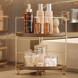 FSyueyun 2-Tier Corner Bathroom Counter Organizer, Tool-Less Installation Corner Vanity Organizer Small Plastics Countertop Makeup Tray Skincare Perfume Organizers (Gold & Brown)