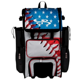 Boombah Rolling Superpack Baseball/Softball Gear Bag - Telescopic Handle - Holds 4 Bats - Wheeled Version - USA Baseball Classic White/Royal Blue/Red