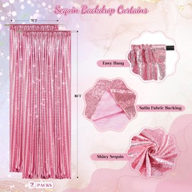 PartyDelight Pink Sequin Backdrop Curtains 2x8FT (Pack of 2) Sparkly Glitter Photo Booth Background for Parties, Weddings, Events