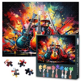 Puzzles for Adults, 1000 Pieces, Musical Instruments on Abstract Colourful Grunge, 1000 Pieces, Puzzle, Acoustic Guitar and Electric Guitar Puzzle, Impossible, 50 x 70 cm