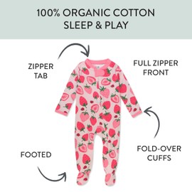 HonestBaby Sleep and Play Footed Pajamas One-Piece Sleeper Jumpsuit Zip-Front Pjs Organic Cotton for Baby Girls, Unisex, Strawberry Slice