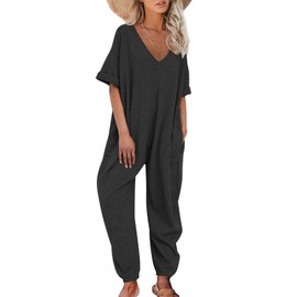 Nirovien Women's Solid Color V Neck Jumpsuits Casual Half Sleeve Long Rompers Beam Foot Baggy Overalls(Black,2XL)