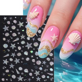 Colorful Nail Art Stickers 3D Self-Adhesive Nail Decals Cute Starfish Shell Stickers for Nails Designs Glitter Ocean Nail Stickers Summer Nail Decoration for Women Nails Art Supplies 3 Sheets